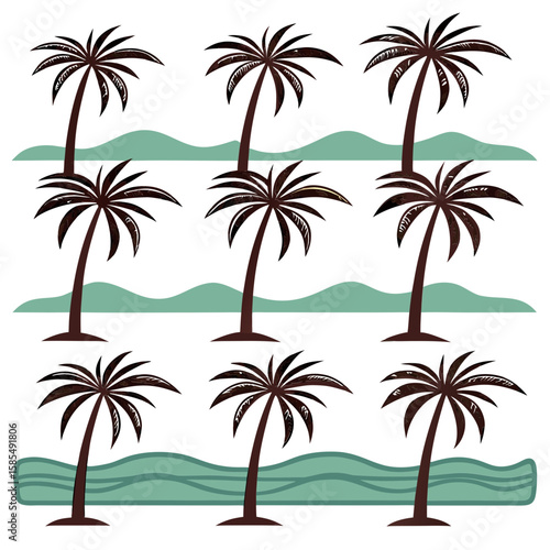Tropical palm trees on green waves beach ocean