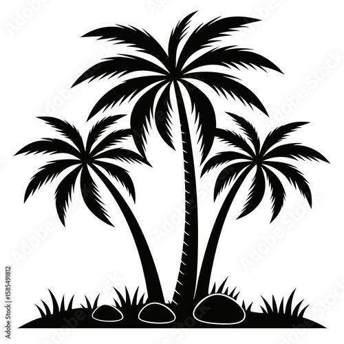 Tropical palm trees on grassy island silhouette black and white