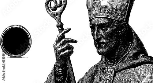 Engraved illustration of bishop with crozier - religious symbolism for print design