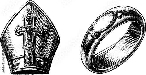 Engraved illustration of bishop's mitre and crozier for religious design