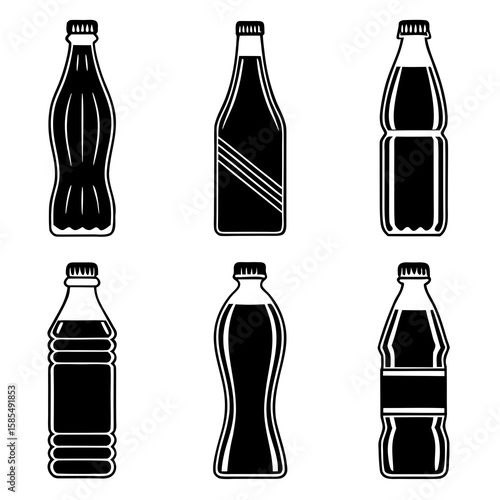 Various beverage bottles black and white icons drink