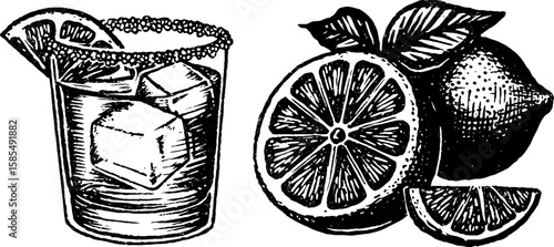 Engraved blood orange margarita and fruit set for beverage design