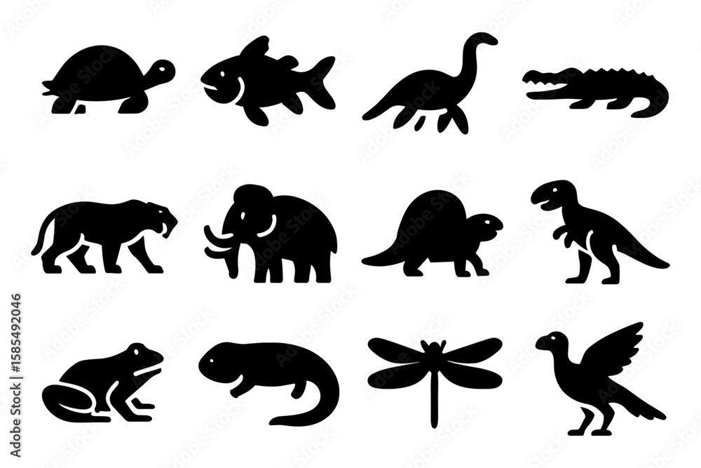 Fototapeta premium Silhouette of prehistoric and modern animals for educational and decorative use