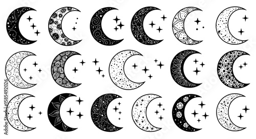 Detailed collection of 15 black and white crescent moon designs with various celestial patterns and stars, ideal for mystical, boho, or spiritual themes.