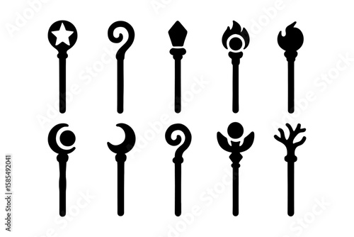 Fantasy magic wand set featuring diverse silhouette designs for rpg games and storytelling