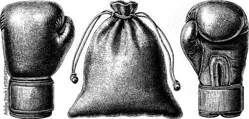 Vintage boxing equipment: classic engraved gloves and bag design collection