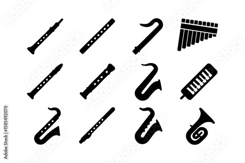 Silhouette collection of musical instruments including woodwinds and brass