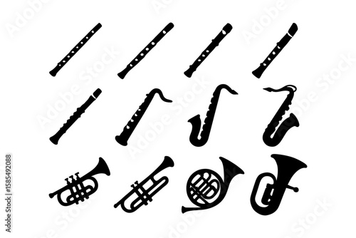 Silhouette collection of musical instruments: woodwind and brass icons