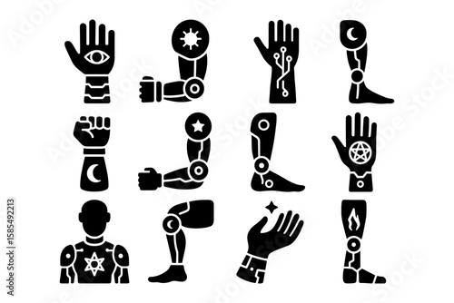 Futuristic robotic limbs and icons set in bold black silhouette style