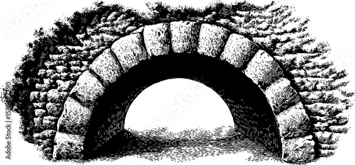 Intricate engraved illustration of a stone archway in brutalist concrete art style for design projects