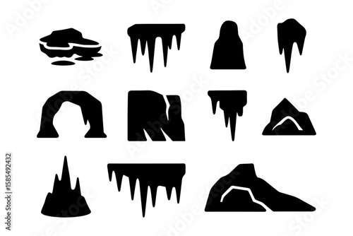 Silhouette cave elements collection: stalactites, stalagmites, and rock formations