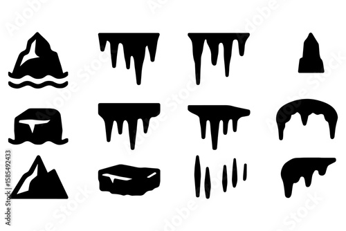 Collection of icebergs and icicles shapes in silhouette style