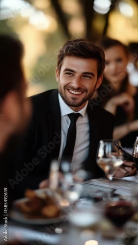 A young man with a smile on his face, sitting at a table in a restaurant for a dinner party.