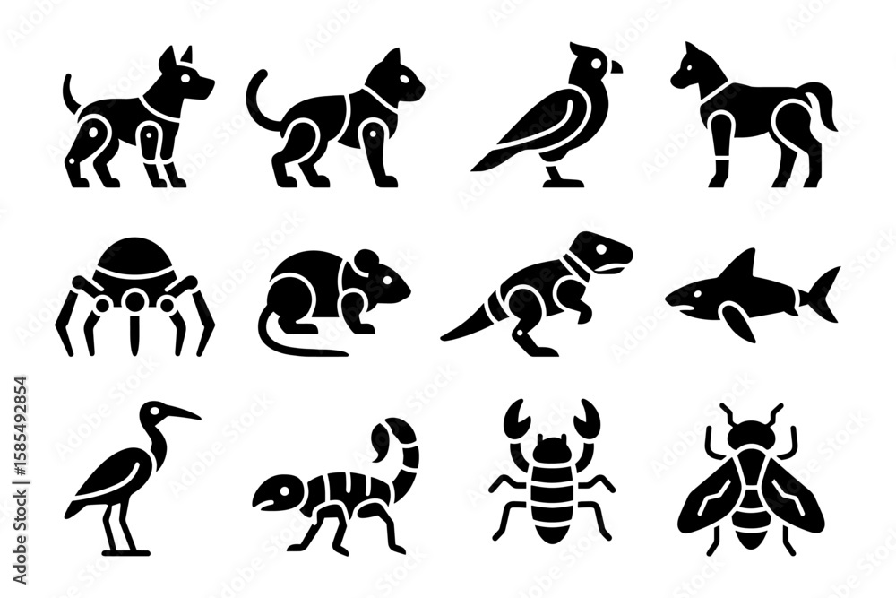 Fototapeta premium Robotic animal icons set featuring birds, insects, and mammals in black silhouette style