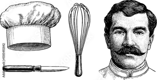 Vintage culinary tools and chef portrait engraving for kitchen decor