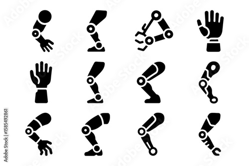 Silhouette collection of robotic prosthetic arms and legs in various poses