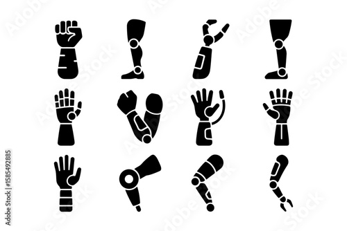 Collection of futuristic black prosthetic limb silhouettes for technology design