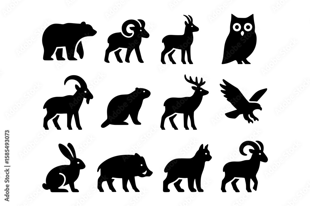 Obraz premium Silhouette wild animals collection: bear, owl, deer, ram, and more