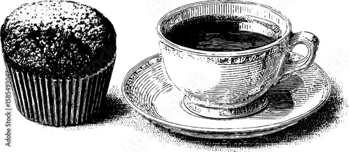 Engraved cup and saucer with chocolate souffle illustration for cafe decor and design