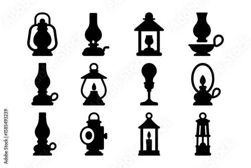 Vintage oil lamps silhouette collection for retro home decor and historical ambiance