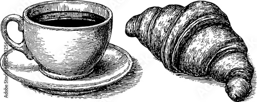 Engraved coffee cup and croissant illustration for breakfast design