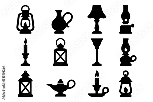 Vintage lamp and lantern silhouettes collection for retro designs