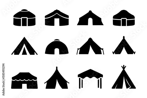 Silhouette set of camping tents and yurts: diverse outdoor shelter icons