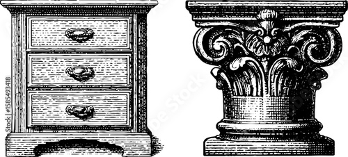 Engraved illustration of colonial spice cabinet and classical column design elements