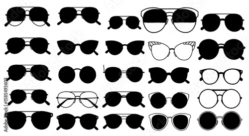 Collection of diverse sunglasses and eyeglasses silhouettes, featuring various shapes and styles for fashion and eyewear accessory design.