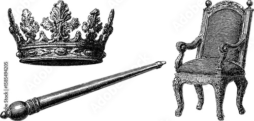 Royal symbols illustration featuring crown, scepter, and throne for historical design