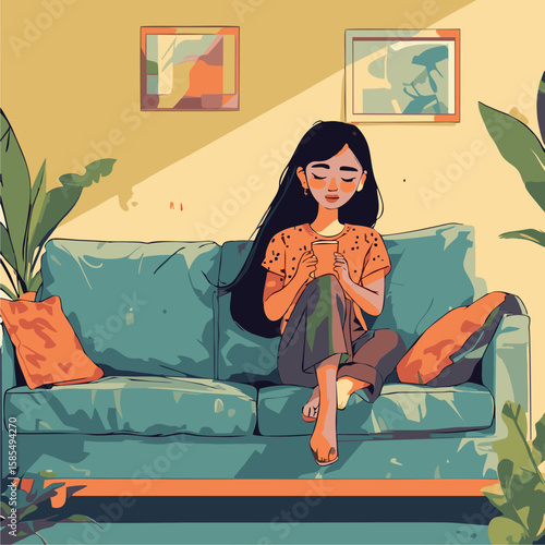 Fashionable woman cartoon illustration on a cozy sofa at home