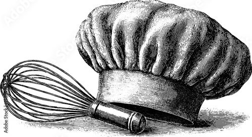 Vintage culinary art featuring engraved chef hat and whisk for kitchen design