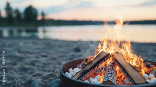 Fototapeta Naklejka Na Ścianę i Meble -  Tranquil summer evening scene with a glowing bonfire roasting marshmallows and a cozy rustic ambiance reflecting on the calm lake waters at dusk