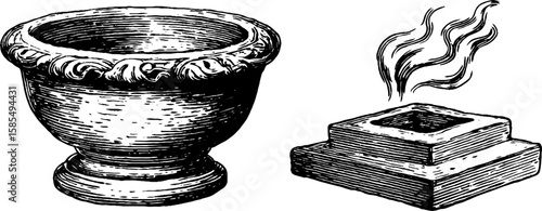 Vintage engraved set of decorative ashtray and stone step design