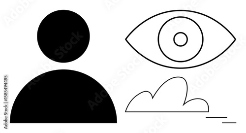 Black silhouette of a person alongside minimal eye, cloud, and line elements. Ideal for concepts thumbs up vision, observation, mindfulness, awareness, individuality creativity and simplicity. A