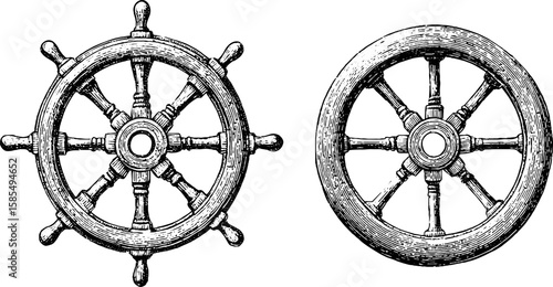 Vintage maritime engraving of ship steering wheels - nautical design for decoration