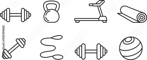 Fitness and Training Equipment Icons Set Outline Style Gym and Workout Elements Isolated on Transparent Background