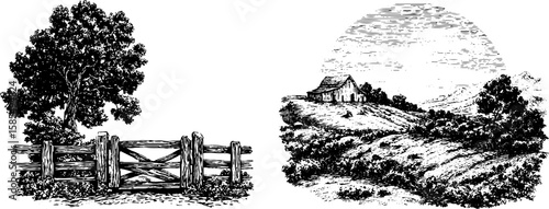 Vintage engraved illustration of farm gate and sunrise landscape for rustic design