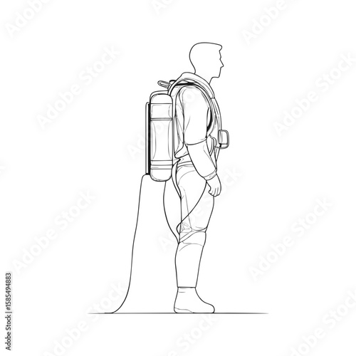 Side view of  male astronaut in black line doodle style wearing futuristic jetpack suit, minimalist vector on transparent background for sci-fi UI, space travel app, or aerospace presentation.
