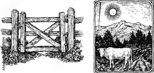 Rural scenery set with farm gate and countryside landscape under sunset