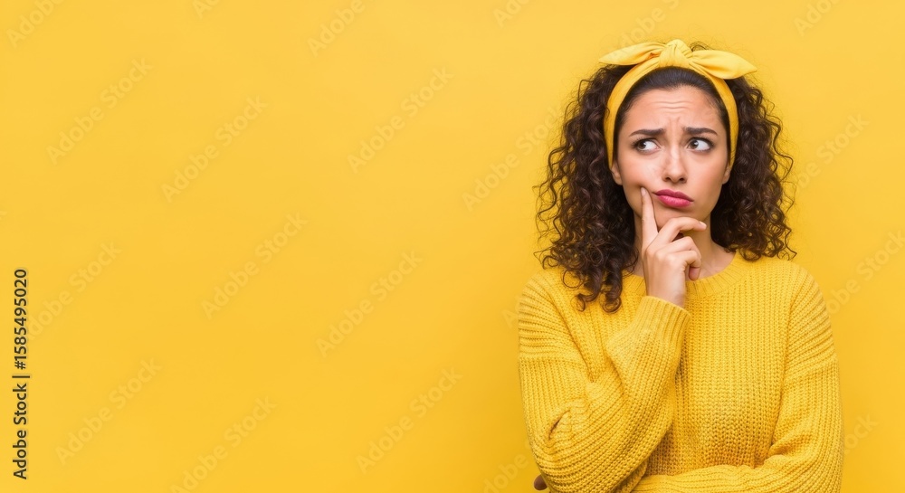 Thoughtful woman in a yellow sweater and headband, pondering against a vibrant yellow backdrop Thoughtful woman in a yellow sweater and headband, pondering against a vibrant yellow backdrop