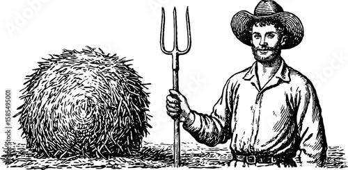Rustic farming scene with farmer holding pitchfork near haystack engraving for rural design