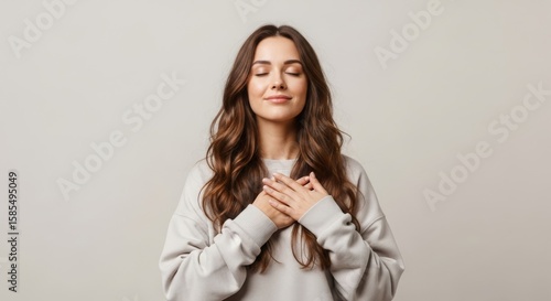 Young woman practicing mindfulness and meditation, hands on chest, serene expression in neutral setting