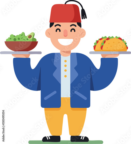 Man wearing traditional fez hat serving bowl of salad and plate of tacos vector illustration