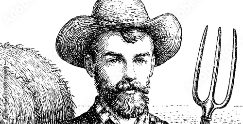 Vintage farmer with pitchfork engraving for rustic design and decor