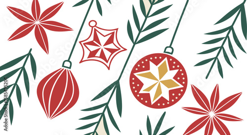 Mid-century Modern Christmas Ornament Pattern: Red, Gold, and Green Festive Holiday Design