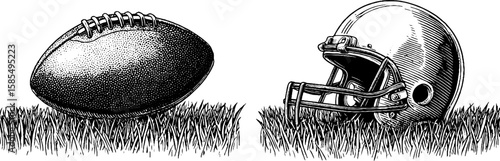 Vintage engraved football and helmet on grass for sports design