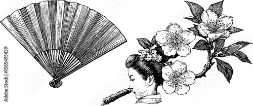 Traditional geisha and fan with cherry blossoms engraved art set