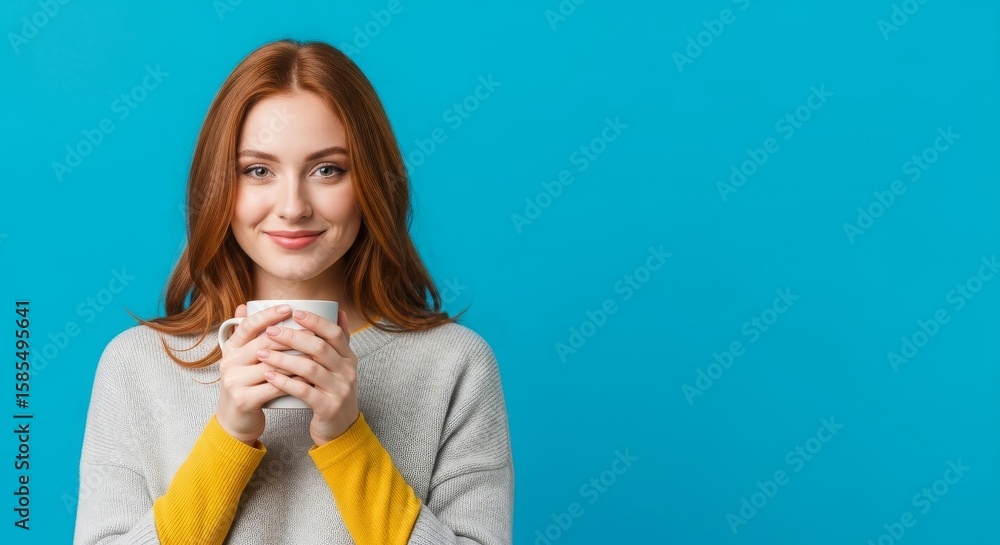 Young woman holding a warm cup in front of a vibrant blue background, radiating cozy vibes Young woman holding a warm cup in front of a vibrant blue background, radiating cozy vibes