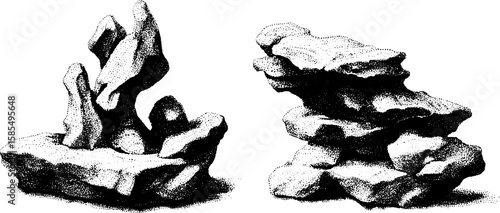 Engraved illustration set of abstract clay formations and golem concepts